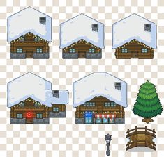 the pixel style house with snow on top and trees around it, all in different positions