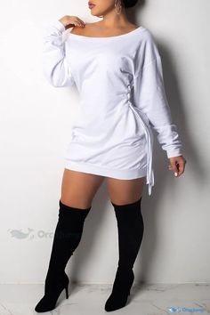 OrcaJump - Chic Grey Lace-Up Mini Dress with Long Sleeves for Casual Occasions Tunic Shirt Dress, Straight Clothes, White Long Sleeve Dress, Summer Swim, Swim Suits, Straight Dress, Mini Dress Casual, White Casual, Sweatshirt Dress