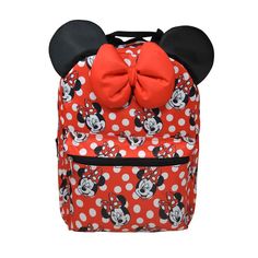 This Minnie Mouse themed backpack features an adjustable strap, front zipper. Great for carrying to school and for holding personal belongings. Made of durable polyester material. Red Minnie Mouse Standard Backpack, Minnie Mouse Backpack For Travel And Back To School, Minnie Mouse Standard Backpack For School, Minnie Mouse Standard School Backpack, Back To School Minnie Mouse Backpack, Back To School Minnie Mouse Standard Backpack, Disney Mickey Mouse Backpack For School, School Backpack With Minnie Mouse Design, Disney Minnie Mouse Standard Backpack