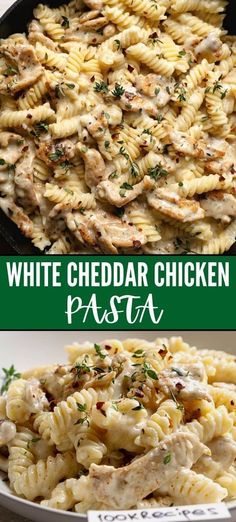 chicken pasta with white cheddar sauce in a skillet and on the side