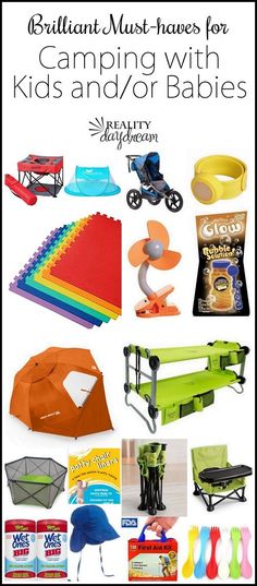 an advertisement for camping with kids and baby's products on it, including toys