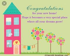 congratulations card with a pink house and trees