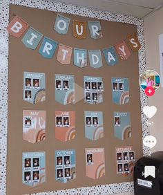 a bulletin board with pictures and words that say, our birthdays are coming soon