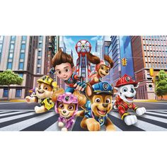 a group of cartoon characters riding on top of a cross walk in front of tall buildings