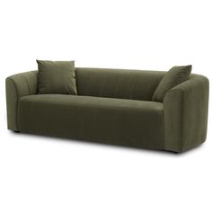 an olive green couch with two pillows on it's back and one arm facing the camera