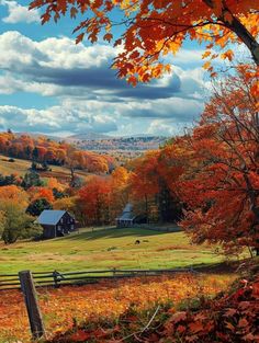 an autumn scene in the country with colorful trees