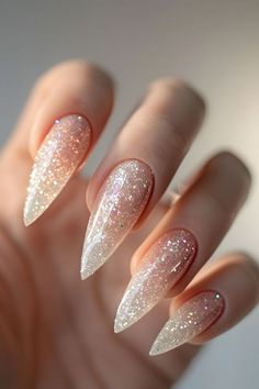 Spring Nails With Glitter, Spring Nail Designs Simple, Nail Ideas March, Simple Nails Spring, Neutral Spring Nails, Spring Acrylic Nail Designs, Simple Spring Nail Ideas, Easy Spring Nails, Clear Glitter Nails