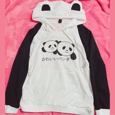 This Is A Black And White Panda Japanese Letter Hoodie Sweater Shirt For Women The Hood Has 2 Cute Panda Ears The Size Is Medium It Is Brand New And In Great Condition. It Has No Damages, No Signs Of Wear, And No Tears I Ship Within 1-3 Days Excluding Sundays And Holidays From A Smoke-Free House White Kawaii Hoodie Outerwear, White Harajuku Hoodie For Fall, White Harajuku Sweater For Fall, Black Kawaii Hoodie Sweatshirt, Black Kawaii Hoodie For Winter, Black Kawaii Hoodie For Fall, Kawaii Black Hoodie For Fall, White Harajuku Long Sleeve Hoodie, Cute White Long Sleeve Sweatshirt