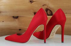 So Me Red Sateen Pointy Toe Stiletto Pumps - 4.5" High Heel Shoes Fitted Red Court Shoes With Padded Heel, Fitted Red High Heel Court Shoes, Red Fitted High Heel Court Shoes, Fitted Red Sole Closed Toe Court Shoes, Red Sole Closed Toe Court Shoes, Red Fitted Heels With Almond Toe, Red 4-inch Heel Fitted Heels, Point Heels, You Are Important