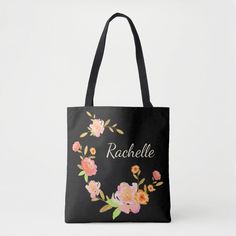 Shopping Bag featuring a black background with orange pink and green flowers and a custom first name monogram Customizable Black Rectangular Bag, Customizable Black Tote Bag, Personalized Black Shoulder Bag For Daily Use, Everyday Personalized Black Shoulder Bag, Personalized Black Rectangular Bag, Customizable Black Tote Shoulder Bag, Personalized Black Shoulder Bag For Everyday, Customizable Black Bag For Daily Use, Black Rectangular Monogram Bag