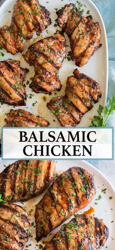 balsamic chicken on a white plate with parsley