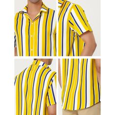 Made from lightweight fabric, this shirt is comfortable to wear and will keep you cool in the summer. The classic-fit shirt tapers throughout the body and hem for a casual look. You can pair it with pants, jeans, or shorts to complete your casual look. Add a stylish outfit option to your everyday wardrobe with this unique striped short-sleeved shirt. Striped Spread Collar Top For Summer, Striped Button-up Shirt For Summer, Striped Camp Collar Shirt For Beach, Summer Striped Shirt With Spread Collar, Striped Cotton Camp Shirt For Vacation, Classic Collared Hawaiian Shirt For Summer, Summer Striped Button-up Camp Shirt, Striped Relaxed Fit Beach Shirt, Relaxed Fit Striped Shirt For Beach