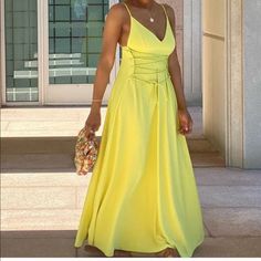 Lime Green V- Neck Dress With Spaghetti Straps. Elegant Strappy Spring Dresses, Spring Strappy Dress, Spring Strappy Lined Dresses, Lined Strappy Spring Dresses, Chic Spring Strappy Maxi Dress, Chic Strappy Spring Dresses, Elegant Ruched Maxi Length Sundress, Yellow Maxi Dress With Spaghetti Straps For Party, Yellow Spaghetti Straps Maxi Dress For Party