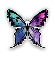 a purple and blue butterfly with stars on it's wings, flying through the air