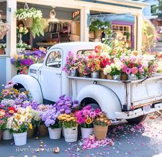 an old white truck filled with lots of flowers