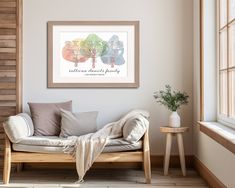 a living room with a couch and two framed pictures on the wall next to each other