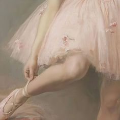 a painting of a ballerina in pink with her feet on the ground and one leg up