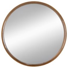 a round mirror is shown against a white background with wood trim around the edges and sides