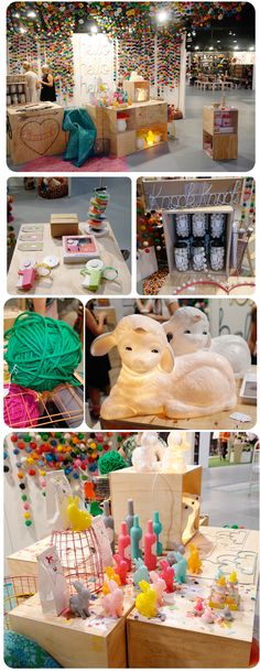 several pictures of various items on display in a store, including yarns and toys