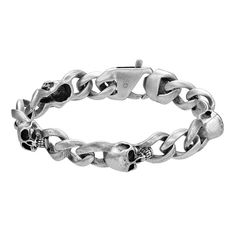 Accessorize with style when you wear this cool LYNX stainless steel skull bracelet. Accessorize with style when you wear this cool LYNX stainless steel skull bracelet. Metal: stainless steel Length: 8.5 in. Packaging: pouch Plating: ion plated Finish: antiqued Size: 8.50. Color: Grey. Gender: male. Age Group: adult. Adjustable Stainless Steel Edgy Bracelets, Skull Print Metal Jewelry For Streetwear, Edgy Metal Skull Bracelets, Edgy Skull Metal Bracelets, Edgy Skull-shaped Metal Bracelets, Silver Skull Bracelets In Punk Style, Punk Silver Skull Bracelets, Silver Edgy Bracelets For Streetwear, Edgy Silver Bracelets For Streetwear