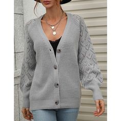 Gray Solid Hollow-out Long Sleeve Knit Cardigan Solid Open Knit Cardigan, Fall Layering Pointelle Knit Cardigan, Fall Layering Cardigan With Pointelle Knit, Winter Pointelle Knit Outerwear For Layering, Fall Pointelle Knit V-neck Outerwear, Fall V-neck Pointelle Knit Outerwear, Cozy Pointelle Knit Outerwear For Fall, Gray Knitted Cardigan For Fall, Solid Color Long Sleeve Open Knit Cardigan