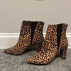 New Without Original Box. Heel Height: 4” Leopard Print Boots For Fall Party, Trendy Brown Booties For Party, Chic Brown Booties For Party, Brown Block Heel Boots For Party, Chic Brown Party Booties, Brown Suede Heeled Boots For Party, Winter Party Brown Booties, Leopard Print Leather Boots For Spring, Brown Party Booties For Winter