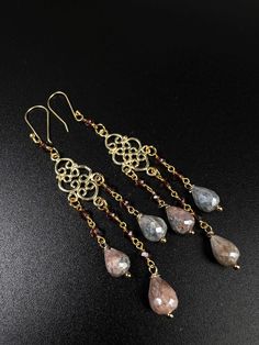 Multi peach moonstone Garnet, 22k gold vermeil.Natural garnet dangling with  Multi peach Moonstone Chandelier Earrings,Faceted Garnet Wire wrapped Gold Vermeil earring Moonstone Chandelier, Drop Chandelier, Peach Moonstone, 22k Gold, Chandelier Earrings, Gold Vermeil, Wire Wrapped, Wire Wrapping, Moonstone