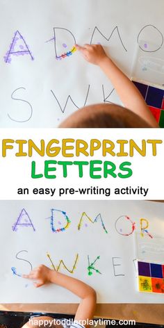 a child's hand writing letters on a white paper with the title fingerprint letters an easy pre - writing activity