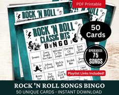 This listing is for 50 unique bingo cards. Get ready to rock with our Rock 'N Roll Classic Hits Bingo! Grab your bingo set now and add unforgettable moments to your gatherings with iconic songs that influenced generations. 🎸 Enjoy timeless rock anthems: Explore the golden era of rock through 75 iconic songs spanning from the 1950s to the 1990s, all featured in this music bingo. 🎸 Download instantly: Access your music bingo set immediately after purchase with no waiting. Start the rock 'n roll Music Bingo, Bingo Sets, Rock N Roll Party, Music Themed Parties, Bingo Set, Future Music, 80's Music, Bingo Card, Bingo Printable