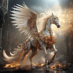 a white horse with gold wings on its back in front of a dark city background