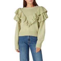 Green knit (80% Acrylic, 20% Wool). Sweater. Long sleeves. Crew neckline. 19" from shoulder to hemline. Imported. Chic Long Sleeve Sweater With Ruffles, Trendy Ruffled Sweater For Fall, Chic Fine Knit Spring Sweater, Chic Fine Knit Sweater For Spring, Chic Spring Fine Knit Sweater, Trendy Fall Sweater With Ruffles, Fall Cotton Knit Top With Ruffles, Winter Stretch Sweater With Ruffles, Cotton Knit Top With Ruffles For Fall