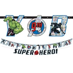 the avengers birthday banner is hanging from a metal bar with an image of hulk and black widow