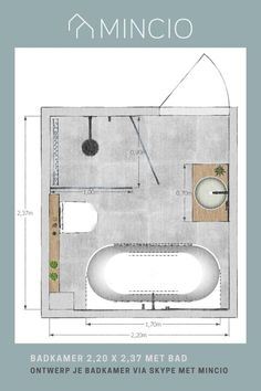 a bathroom with a bathtub, sink and mirror on the wall is shown in this drawing