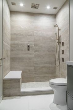 a white toilet sitting next to a walk in shower under a skylight above it