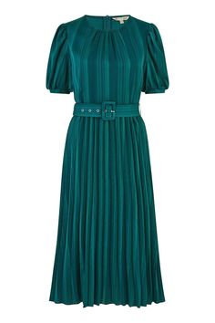 Channel your inner doll in this stunning midi dress from Yumi. The silky satin elevates the look, with a subtle stripe detailing and pleated skirt - We love this for a day at the races! The matching belt and puff sleeves just add to the overall look of this dress. Bridesmaid Dresses Midi, Midi Bridesmaid Dress, Day At The Races, Dress With Pleats, Statement Dress, Drop Dead, Striped Midi Dress, Petite Jeans, Green Satin