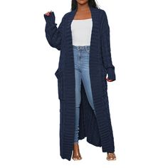 Navy Blue Open Front Cable Knit Pocket Long Cardigan Blue Solid Color Winter Cardigan, Blue Winter Cardigan, Blue Cardigan With Pockets For Fall, Oversized Blue Cardigan With Pockets, Blue Cable Knit Outerwear For Fall, Blue Cable Knit Cardigan For Spring, Blue Cable Knit Outerwear, Blue Long Knit Sweater, Long Blue Knitted Sweater