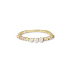 Beautiful pave band with three dainty pearls. So dainty and chic, it looks so cute on its own or stacked with other rings! Made of 925 Sterling Silver 14K Gold plating Nickel-free & Hypoallergenic Highest grade CZ's and pearls for an authentic look Width: 2mm Available sizes: 4-10 Three Pearl Ring, Dr Accessories, Gold Pearl Ring, Pave Band, Ring Stack, Demi Fine Jewelry, Ring Sizer, Girly Jewelry, Jewelry Inspo