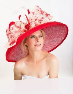 "Red very wide brim hat couture classical hat for elegant ladies. Wear it at the weddings, or church or Ascot or Derby or club events- you will be definitely the most elegant lady! This hat is made of sinamay and adorned with 3 hand dyed and painted silk abaca bows, feathers and loops. . It's done with 3 layers of sinamay for a very good stability and a long lasting life. This hat is about 22\" around the brim. It can be done in any size, please request yours. Also, this design can be done in ma Fitted Red Hat For Garden Party, Red Short Brim Hat For Wedding, Red Hat For Garden Party And Kentucky Derby, Red Curved Brim Fascinator For Garden Party, Elegant Red Mini Hat With High Crown, Red Wide Brim Mini Hat For Wedding, Red Short Brim Wedding Hat, Red Wedding Fascinator, Elegant Red High Crown Mini Hats