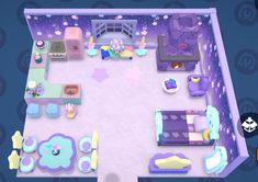 the room is decorated in pastel colors and has purple furniture, blue walls, and white carpet