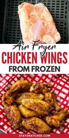 chicken wings with text overlay that says air fryer chicken wings from frozen