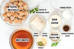 the ingredients to make frozen meatballs are shown in bowls on a marble countertop