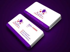 two business cards with purple and white colors