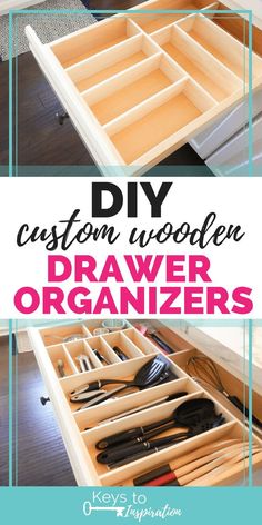 an organized drawer with drawers and utensils in it is featured for the diy custom wooden drawer organizer