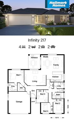 the floor plan for this modern home is shown in blue and has three bedroom, two bathroom