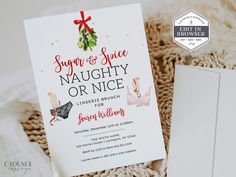 Invite guests to a Sugar and Spice Naughty or Nice lingerie shower, brunch, personal shower or bachelorette party! Celebrate the bride with a festive holiday theme! This invite features watercolor mistletoe and pretty lingerie. This is an editable invitation that you personalize and edit through Corjl.com DEMO LINK: Try before buying! Simply copy and paste the URL below into your browser: https://www.corjl.com/d/6JO8M WHAT YOU GET ✔ 5x7 Digital Invitation template ✔ Final design can be saved as