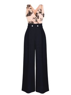 1930s Butterfly Button Patchwork Jumpsuit | Retro Stage Chic High Waist Jumpsuits And Rompers, Elegant Summer Wide Leg Pants For Date Night, Elegant Wide Leg Pants For Summer Date Night, Elegant Fitted Floral Jumpsuits And Rompers, Elegant Floral Print Jumpsuits And Rompers, Elegant Floral Print Pants For Party, High Waist Pantsuit For Date Night In Spring, Elegant Floral Print Party Pants, Elegant High-waisted Jumpsuits And Rompers For Spring