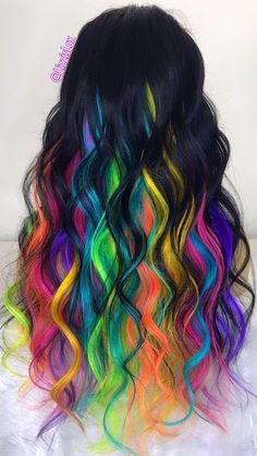 Black Hair Neon Highlights, Dark Multi Colored Hair, Fantasy Colored Hair, Black With Vivid Colors Hair, Neon Hair Extensions, Vivid Rainbow Hair, Black And Colorful Hair, Black Hair With Colored Extensions, Black And Vivid Hair Color