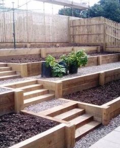 the steps are made out of wood and have plants growing on them in front of it