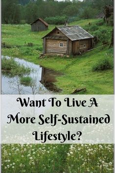 an old log cabin sitting on top of a lush green field next to a river