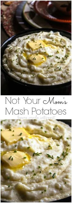 mash potatoes with butter and parmesan cheese is shown in two different pictures